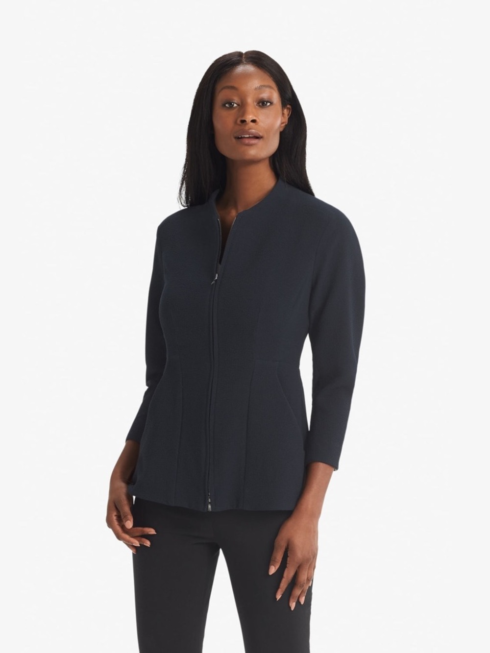 MM Lafleur The Higgins Jacket Staccato Full-Zip Cinch Waist Flare Pockets Blue